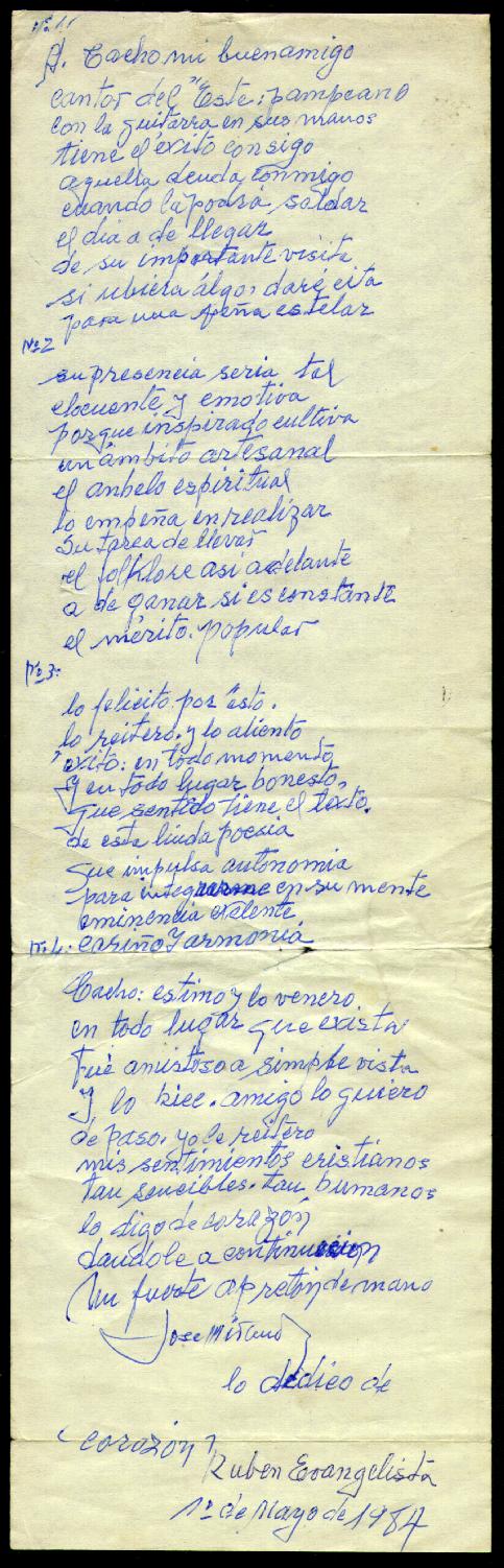 007. Las décimas para C. Arenas. manuscritas por Cochengo el 1 de mayo de 1984 en casa de los Aimetta. copia